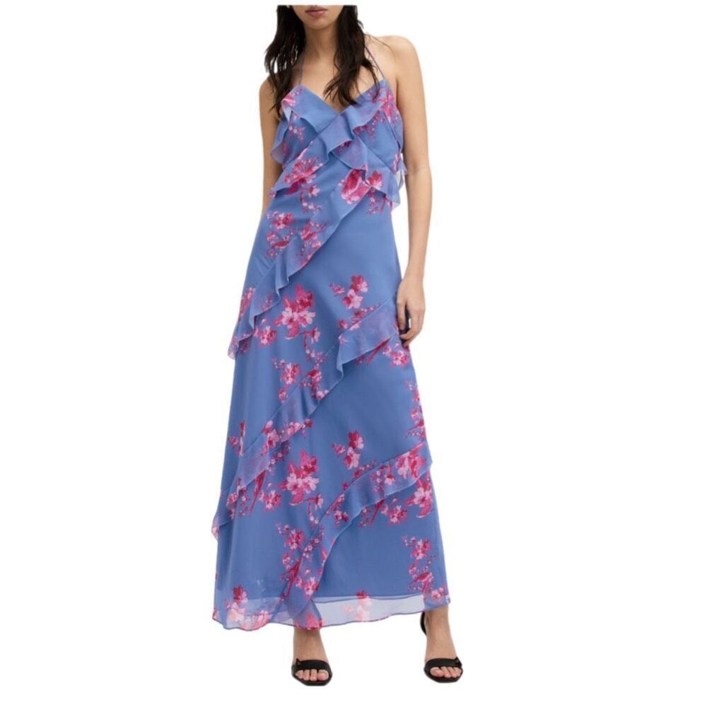 NWT AllSaints Marina Iona Floral Halter Maxi Dress in blue and pink Size 0